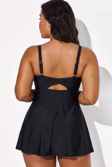 Black Split-Hem Swimdress with Built-In Shorts & Pockets