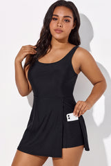 Black Split-Hem Swimdress with Built-In Shorts & Pockets