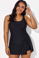 Black Split-Hem Swimdress with Built-In Shorts & Pockets