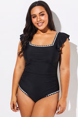 Black Ruffle Tummy Control One-Piece Swimsuit