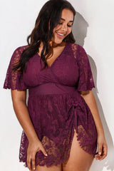 Purple Lace V-Neck Short Sleeve Wrap Swim Dress