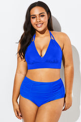 Blue V-Neck Loop Strap Halter Bikini Top