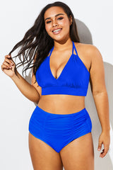 Blue V-Neck Loop Strap Halter Bikini Top