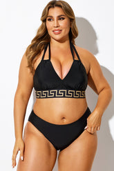 Black Random Print Halter Sexy Bikini Top