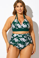 Green Floral Printed V-Neck Halter Sexy Bikini Top