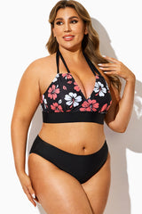 Black Floral Print Halter Sexy Bikini Top