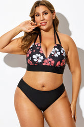 Black Floral Print Halter Sexy Bikini Top