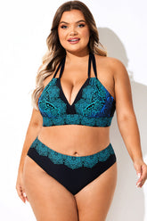 Blue Ombre Lace Print Halter Sexy Bikini Top