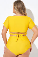 Yellow Ruched Sleeves Skirted Bikini Top
