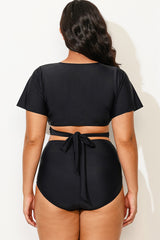 Black Solid V-Neck Ruched Bikini Top