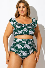 Green Flower Print Square Neck Ruffle Bikini Top