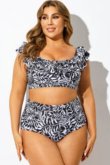 Black & White Palms Ruffle Bikini Top