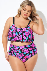 Flower Print Ruffle Scoop Neck Bikini Top
