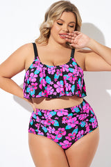 Flower Print Ruffle Scoop Neck Bikini Top