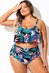 Tropical Print Round Neck Swim Ruffled Bikini Top
