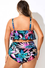 Tropical Print Round Neck Swim Ruffled Bikini Top