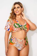 Tropical Print Sexy Bow V-neck Bikini Set