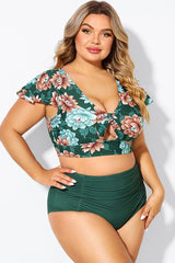 Floral Print Retro Women Bikini Top With Sleeves