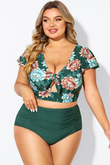 Floral Print Retro Women Bikini Top With Sleeves