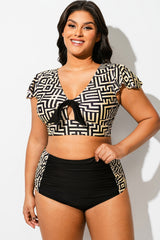 Geometric Print Retro Women Bikini Top With Sleeves