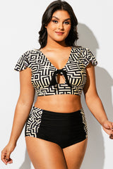 Geometric Print Retro Women Bikini Top With Sleeves