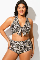 Leopard Print V-Neck Knot Bikini Top