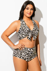 Leopard Print V-Neck Knot Bikini Top