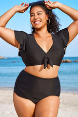 Black Flutter-Sleeve Elegant Swim Bikini Top