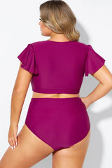 Purple Flutter Sleeve Elegant Swim Bikini Top