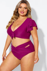 Purple Flutter Sleeve Elegant Swim Bikini Top
