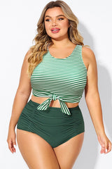 Plus Size Green Stripe Knotted Crop Bikini Top
