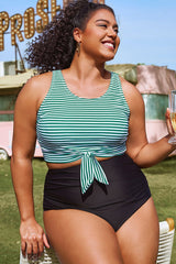 Plus Size Green Stripe Knotted Crop Bikini Top