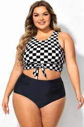 Black & White Check Knotted Crop Bikini Top