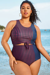 Plus Size Colorblock Check Knotted Crop Bikini Top