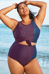 Plus Size Colorblock Check Knotted Crop Bikini Top