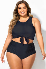 Plus Size Solid Black Knotted Crop Bikini Top