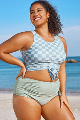 Plus Size White Check Knotted Crop Bikini Top