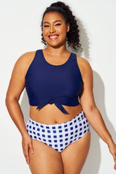 Plus Size Soild Navy Knotted Crop Bikini Top