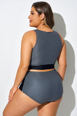 Plus Size Black Stripes Knotted Crop Bikini Top