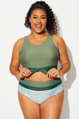 Plus Size Green Colorblock Knotted Crop Bikini Top