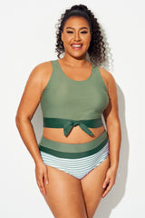 Plus Size Green Colorblock Knotted Crop Bikini Top