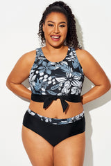 Black White Floral Knotted Crop Bikini Top