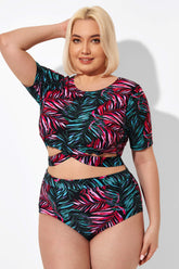 Leaf Print Round Neck Bikini Top with Sleeves