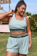Plus Size Green Striped Patchwork Bikini Top
