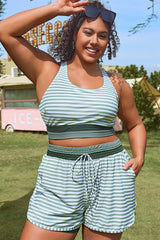 Plus Size Green Striped Patchwork Bikini Top