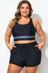 Plus Size Round Neck Black Patchwork Bikini Top