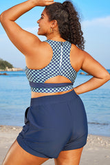 Blue Check Round Neck Patchwork Bikini Top