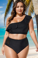 Black Ruffle One Shoulder Swim Bikini Top