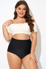 Retro White Ruffles Bardot Sleeves Bikini Top
