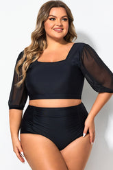 Square Neck Short Mesh Puff Sleeve Bikini Top